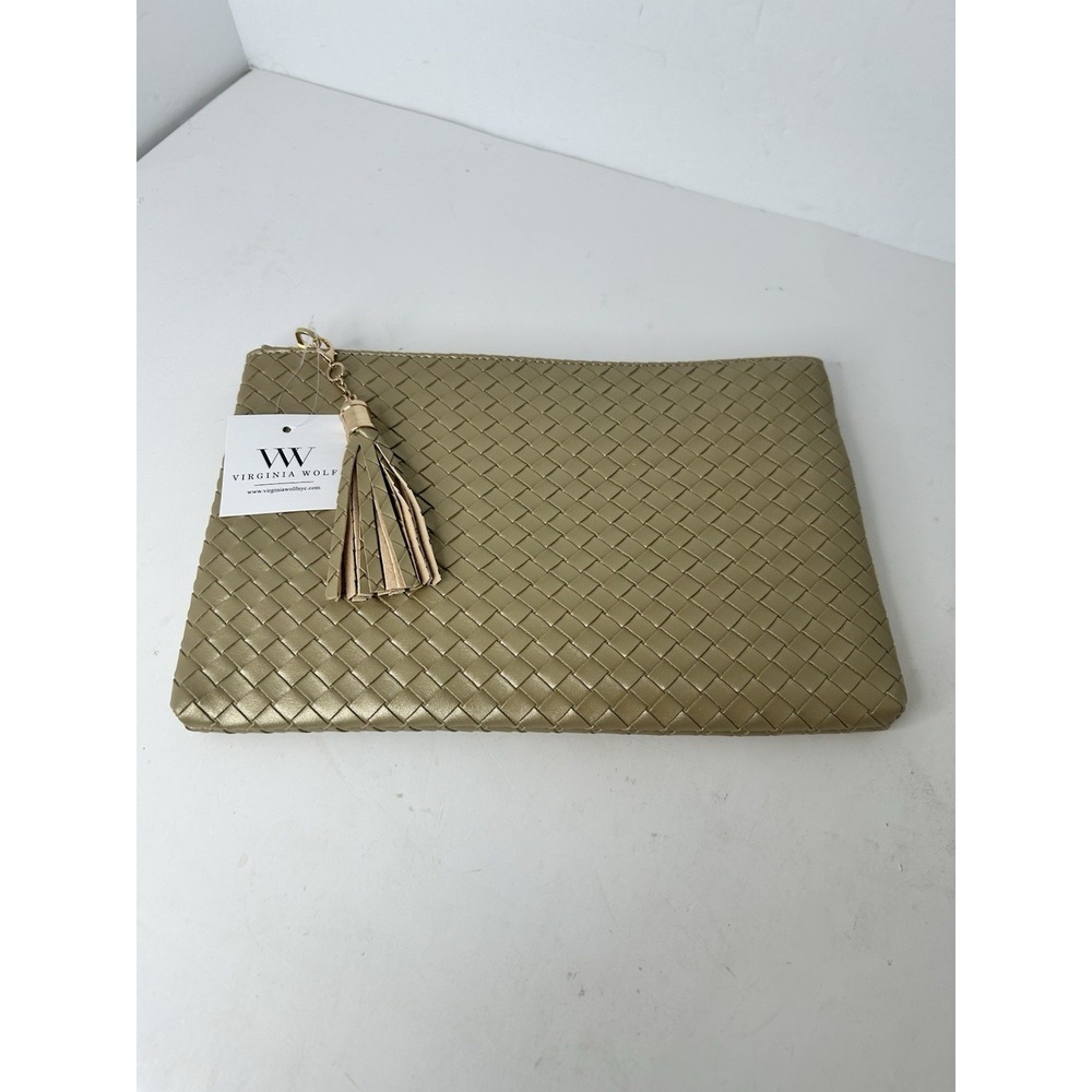 NWT Virginia Wolf‎ Woven Pouch Metallic Gold Faux Leather Clutch w/Tassel Purse